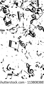 Musical Notes on White Background.  Vertical Orientation. Many Random Falling Bass, Treble Clef and Notes. Vector Musical Symbols.  Jazz Background. Abstract White and Black Vector Background.