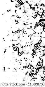 Musical Notes on White Background.  Vertical Orientation. Many Random Falling Notes, Bass and Treble Clef. Vector Musical Symbols.  Abstract White and Black Vector Background. Jazz Background. 