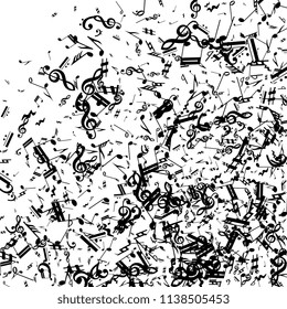 Musical Notes on White Background.  Many Random Falling Bass, Treble Clef and Notes. Vector Musical Symbols.  Jazz Background. Abstract White and Black Vector Background.