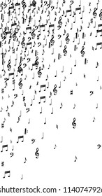 Musical Notes on White Background.  Vertical Orientation. Many Random Falling Notes, Bass and Treble Clef. Vector Musical Symbols.  Jazz Background. Abstract Black and White Vector Background.