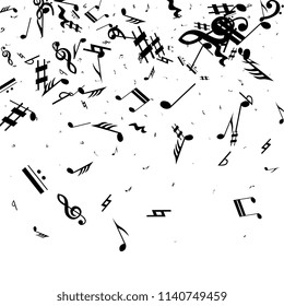 Musical Notes on White Background.  Many Random Falling Notes, Bass and Treble Clef. Vector Musical Symbols.  Jazz Background. Abstract White and Black Vector Background.