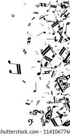 Musical Notes on White Background.  Vertical Orientation. Many Random Falling Bass, Treble Clef and Notes. Vector Musical Symbols.  Jazz Background. Abstract White and Black Vector Background.