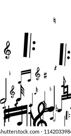 Musical Notes on White Background.  Vertical Orientation. Many Random Falling Notes, Bass and Treble Clef. Vector Musical Symbols.  Abstract White and Black Vector Background. Jazz Background. 