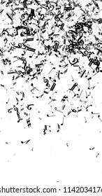 Musical Notes on White Background.  Vertical Orientation. Many Random Falling Notes, Bass and Treble Clef. Vector Musical Symbols.  Jazz Background. Abstract White and Black Vector Background.
