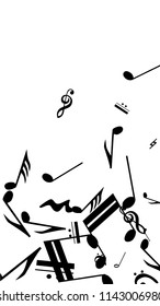 Musical Notes on White Background.  Vertical Orientation. Many Random Falling Notes, Bass and Treble Clef. Vector Musical Symbols.  Jazz Background. Abstract Black and White Vector Background.