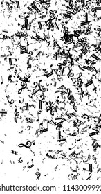 Musical Notes on White Background.  Vertical Orientation. Many Random Falling Bass, Treble Clef and Notes. Vector Musical Symbols.  Jazz Background. Abstract Black and White Vector Background.