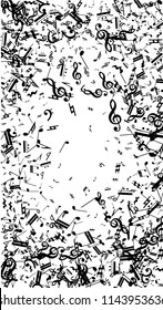 Musical Notes on White Background.  Vertical Orientation. Many Random Falling Bass, Treble Clef and Notes. Vector Musical Symbols.  Jazz Background. Abstract White and Black Vector Background.