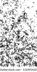 Musical Notes on White Background.  Vertical Orientation. Many Random Falling Bass, Treble Clef and Notes. Vector Musical Symbols.  Abstract White and Black Vector Background. Jazz Background. 