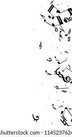 Musical Notes on White Background.  Vertical Orientation. Many Random Falling Bass, Treble Clef and Notes. Vector Musical Symbols.  Abstract White and Black Vector Background. Jazz Background. 