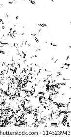 Musical Notes on White Background.  Vertical Orientation. Many Random Falling Bass, Treble Clef and Notes. Vector Musical Symbols.  Jazz Background. Abstract White and Black Vector Background.