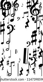 Musical Notes on White Background.  Vertical Orientation. Many Random Falling Bass, Treble Clef and Notes. Vector Musical Symbols.  Jazz Background. Abstract Black and White Vector Background.