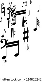 Musical Notes on White Background.  Vertical Orientation. Many Random Falling Notes, Bass and Treble Clef. Vector Musical Symbols.  Jazz Background. Abstract White and Black Vector Background.