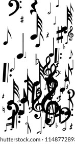 Musical Notes on White Background.  Vertical Orientation. Many Random Falling Bass, Treble Clef and Notes. Vector Musical Symbols.  Abstract White and Black Vector Background. Jazz Background. 