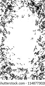 Musical Notes on White Background.  Vertical Orientation. Many Random Falling Bass, Treble Clef and Notes. Vector Musical Symbols.  Abstract White and Black Vector Background. Jazz Background. 