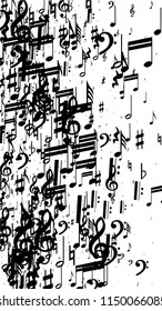Musical Notes on White Background.  Vertical Orientation. Many Random Falling Notes, Bass and Treble Clef. Vector Musical Symbols.  Jazz Background. Abstract Black and White Vector Background.