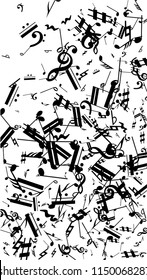 Musical Notes on White Background.  Vertical Orientation. Many Random Falling Notes, Bass and Treble Clef. Vector Musical Symbols.  Abstract White and Black Vector Background. Jazz Background. 