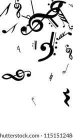 Musical Notes on White Background.  Vertical Orientation. Many Random Falling Bass, Treble Clef and Notes. Vector Musical Symbols.  Abstract White and Black Vector Background. Jazz Background. 