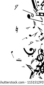 Musical Notes on White Background.  Vertical Orientation. Many Random Falling Notes, Bass and Treble Clef. Vector Musical Symbols.  Abstract White and Black Vector Background. Jazz Background. 