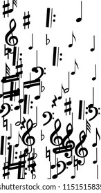 Musical Notes on White Background.  Vertical Orientation. Many Random Falling Notes, Bass and Treble Clef. Vector Musical Symbols.  Abstract White and Black Vector Background. Jazz Background. 