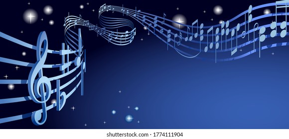 Musical notes on winding lines in dark starry space. Vector illustration 
