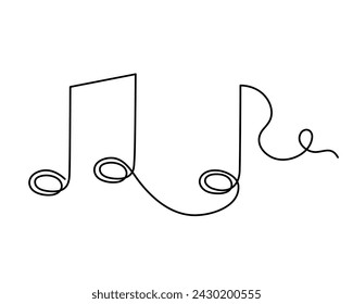 Musical notes one line art, hand drawn continuous contour. Artistic creative concept, minimalist template design. Editable stroke. Isolated. Vector illustration