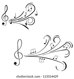 Musical notes. Ornament with swirls on white background.