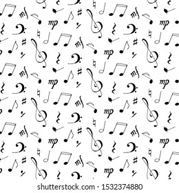 Musical notes pattern. Music note icons drawn seamless pattern, vector illustration in black, treble clef, forte. design for web banners, printed materials, textile, web sites