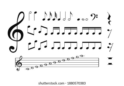 Musical notes, pauses, treble clef, music book. Vector Illustration EPS10