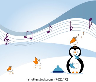 musical notes with penguins and arctic birds
