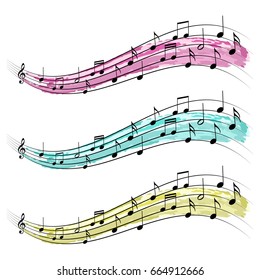 Musical notes ribbon, graphic element vector design for concerts and music, artistic watercolor style spiral wave