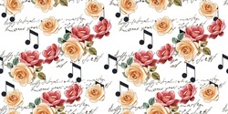 Notes De Musique Avec Des Roses Sur Fond Blanc. Motif Harmonieux. Image Vectorielle. 