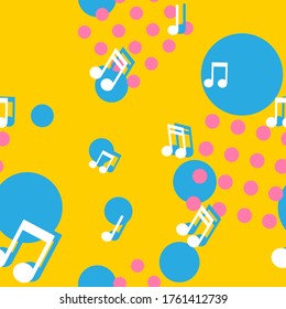 Musikalische Noten nahtloses Muster im bunten 80er-Stil. Pop-Musik, strukturierter Hintergrund. 