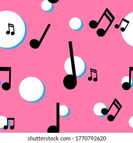 Musikalische Noten nahtloses Muster im bunten 80er-Stil. Pop-Musik, strukturierter Hintergrund. 