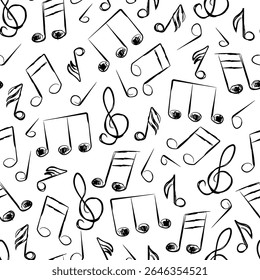 Musical Notes Seamless Pattern Hand Drawn Sketch Doodles Style. Music Doodle Hand Drawn Print Design. Music Sketch Background Template. Vector illustration. Not AI