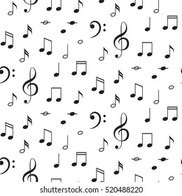 Musical notes seamless vector pattern. Black notes on white background.