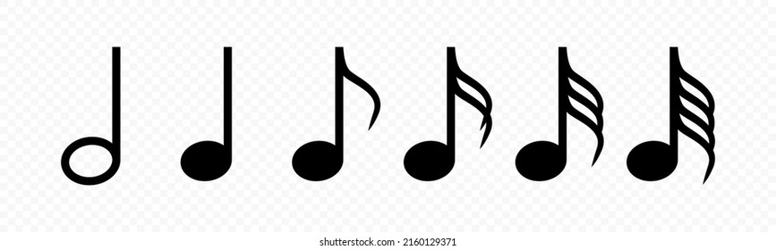 Formas de notas musicales establecidas. Iconos de notas de música. Colección de iconos de notas de música aisladas en negro. EPS gráfico vectorial 10
