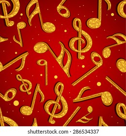 Musical notes in shiny golden color on red background.