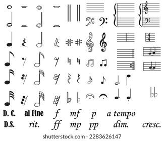 Notas musicales y colección de signos establecida en fondo blanco aislado