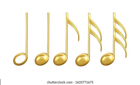 Musical Notes Signs In Golden Color Set Vector. Collection Of Classic Music Minim And Crotchet, Quaver, Semiquaver And Demisemiquaver Notes. Musician Symbols Concept Layout 3d Illustrations