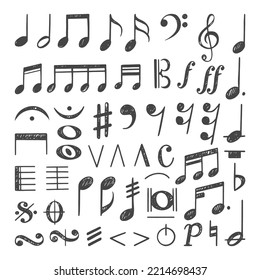 Colección de esbozos de notas musicales. Nota del garabato, dibujos de tinta para niños de la música. Cantar vintage y garabatear el signo de la melodía. Elementos vectoriales de canciones neoterinas texturizadas