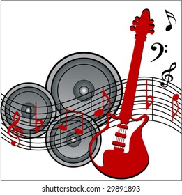musical notes with speakers and guitar