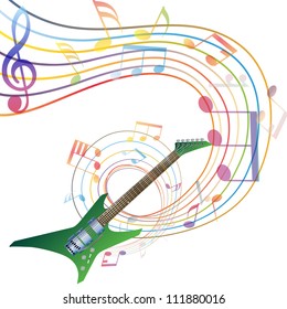 Musical notes staff background with guitar. Vector illustration. EPS 10 with transparency.