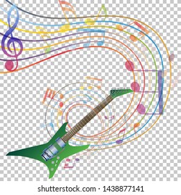 Musical notes staff background with guitar. Vector illustration. EPS 10 with transparency.