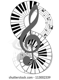 Musical notes staff with piano keyboard. Vector illustration.