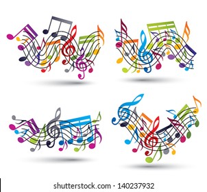 Musical notes staff set, abstract vector designs set.