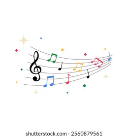 Musical Notes And Staff With Stars In Flat Vector Illustration Symbolizing Music, Art, And Creativity, Isolated On White Background