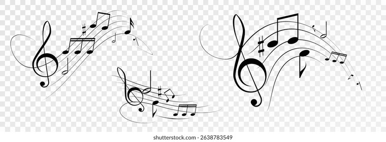 Musical notes, stave with flying notes, melody sketch with musical staff wave, comic, vector, png. Musical background for design or advertising.