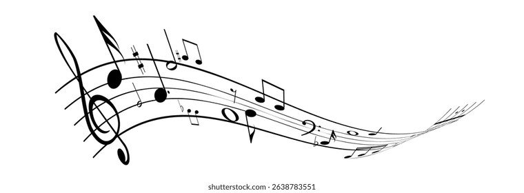 Musical notes, stave with flying notes, melody sketch with musical staff wave, comic, vector, png. Musical background for design or advertising.