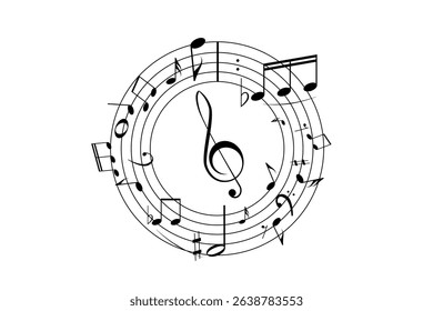 Musical notes, stave with flying notes, melody sketch with musical staff wave, comic, vector, png. Musical background for design or advertising.