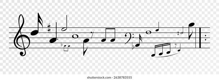 Musical notes, stave with flying notes, melody sketch with musical staff wave, comic, vector, png. Musical background for design or advertising.
